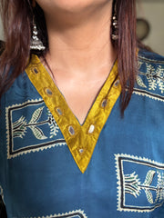Modal silk ajrakh kaftan with mirror lace